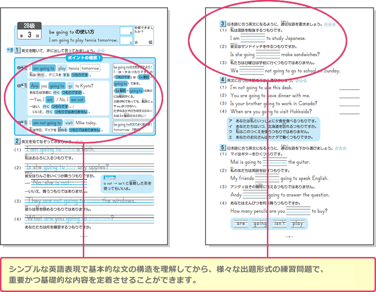 シンプルな英語表現で基本的な文の構造を理解してから、さまざまな出題形式の練習問題で、重要かつ基礎的な内容を定着させる事ができます。