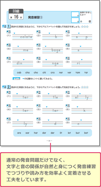 通常の発音問題だけでなく、文字と音の関係が自然と身につく発音練習でつづりや読み方を効率よく定着させる工夫をしています。